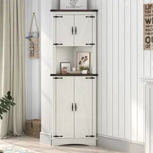 68" Tall Farmhouse Corner Cabinet, Corner Storage Cabinet with 4 Doors and Adjustable Shelves, Tall Barn Door Corner Cabinet with 5 Storage Shelves, for Kitchen, Bathroom