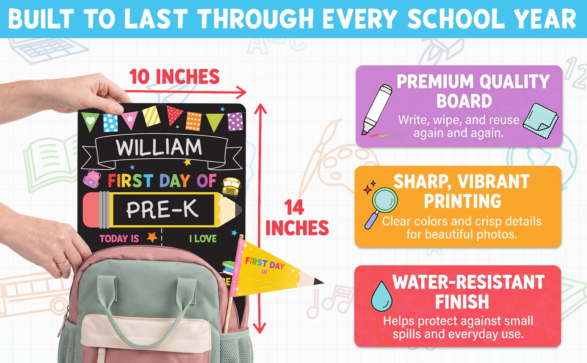 BEAWART First Day of School Black Sign Board, 10x14 Double-Sided First & Last Day Chalkboard Sign, Reusable Back to School Photo Prop For Preschool Kindergarten Kids, Includes Pencil Flag & White Chalk Marker