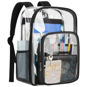 Large Transparent Backpack, Clear Backpack Heavy Duty with Water-Resistant PVC Plastic and Ruggedly Shoulder Straps, for Work, Workplace, Stadium, Travel, Security, Festival, College, Black