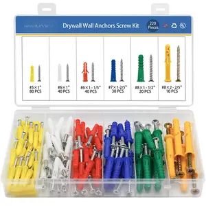 Drywall Anchors and Screws Kit 220 count, 110 Plastic Anchors, 110 Wall Screws, Includes 6 Different Size Wall Anchors and Screws for Drywall