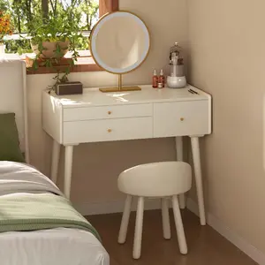YESWOOD White Creamy Style Vanity Desk, Solid Rubberwood Dressing Table, Study Desk and Vanity Table for Bedroom(NO Mirror and NO Stool, only Vanity Desk)