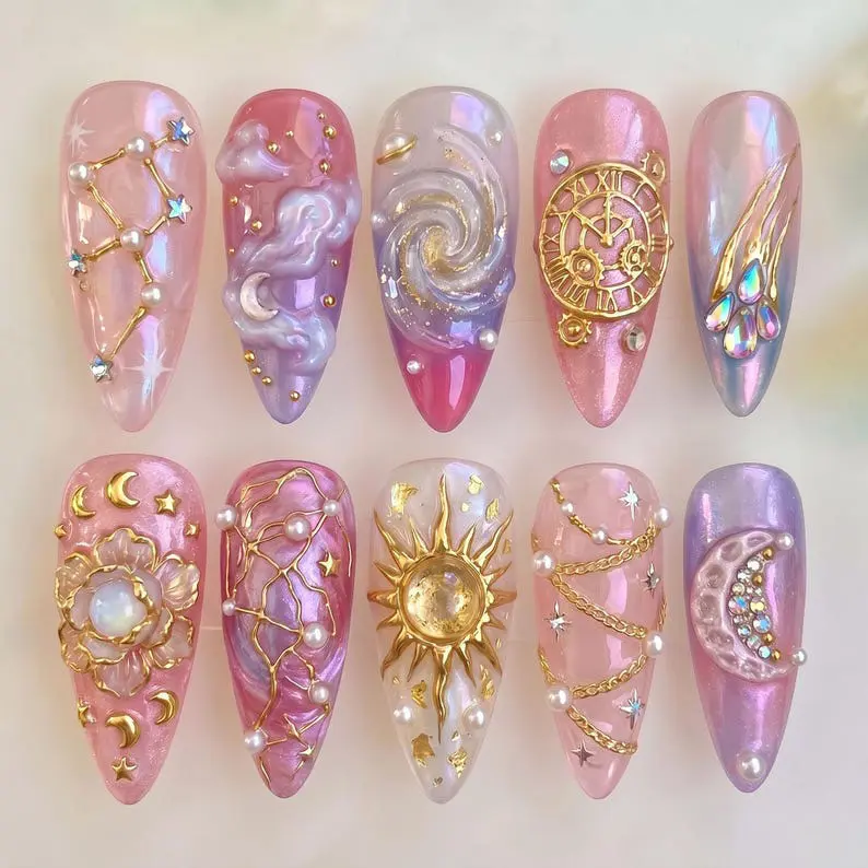 Pink Celestial Press On Nails | 3D Sun Moon Galaxy Clock Pearl Nail Art | Gold Star Iridescent Long Almond Nails | Cosmic Fantasy Handmade Nail Set