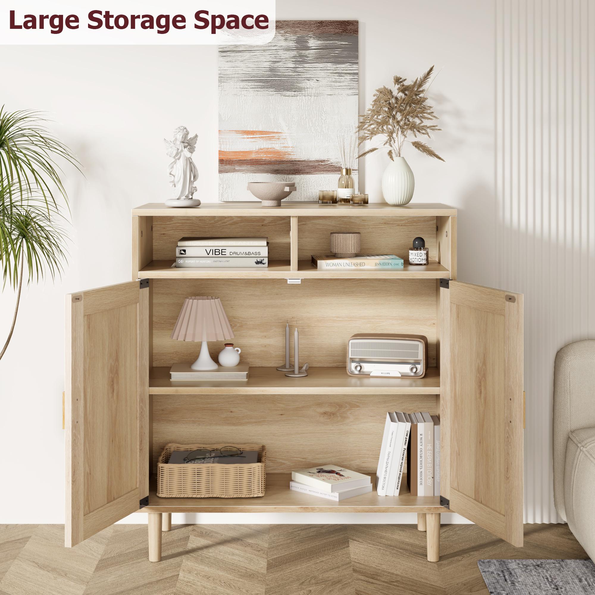 Modern Rattan Buffet Cabinet Set of 2, 4-Door Sideboard with Adjustable Shelves, Non-Toxic MDF Smooth Tabletop, Multipurpose Storage for Kitchen Dining Living Room Entryway, Ideal as Coffee Bar & TV Stand