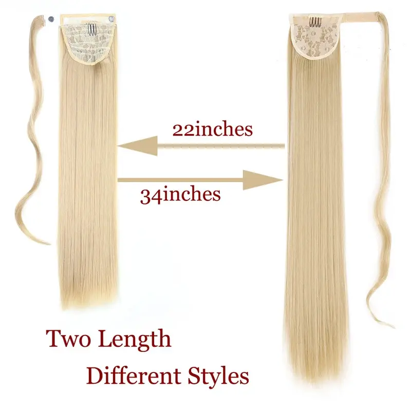 22 34inches Long Straight Ponytail Synthetic Extensions Heat Resistant Hair Wrap Around Pony Hairpiece for Women