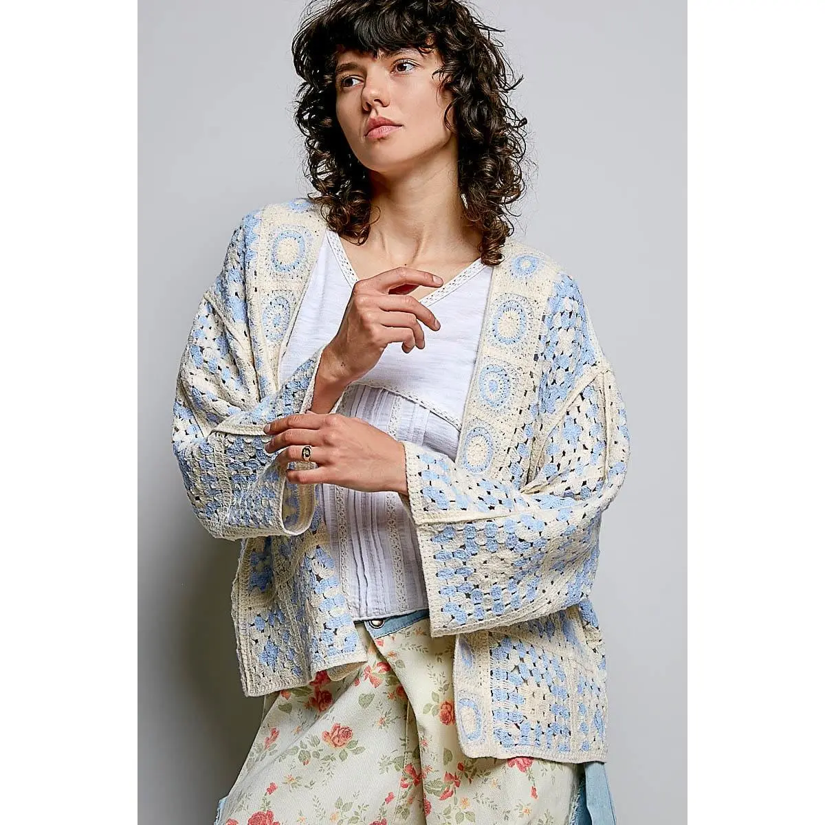 Pol Clothing Women's Retro Style Granny Square Cardigan in Lightweight Acrylic Fabric, Open Front with 3/4 Sleeves, Knitwear, Piece, Crochet, Tops, Clothes, Acrylic Fiber, Casual, Classic, Relaxed Cut, Loose-Fitting, Relaxed Wear, Crochet Knit, Retro Cool