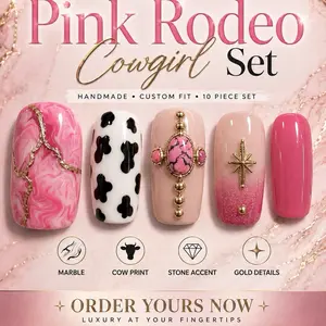 Luxe Nail Bar Pink Rodeo Cowgirl Set - version 2 ,Handmade Custom Fit 10 Piece Set with Marble Cow Print Stone Accent & Gold Details