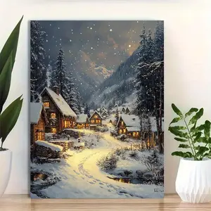 1pc Framed 12x16 Inch Vintage Christmas Snowy Village Canvas Wall Art Print - Ready to Hang Winter Scene with Cozy Cottages & Starry Night, Holiday Home Decor for Living Room, Bedroom, Office, Winter Decor, Festive Room Accent, Rustic Artwork	