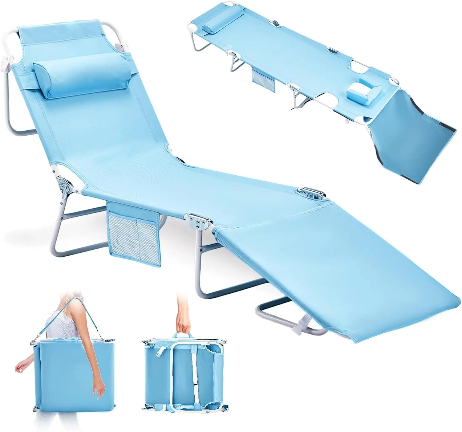 VINGLI Tanning Chair, Beach Lounge Chair with Face Hole, Lounge Chair Outdoor, Height-Adjustable Tanning Lounger, Anti-Tip Design, Carrying Bag, 475lbs