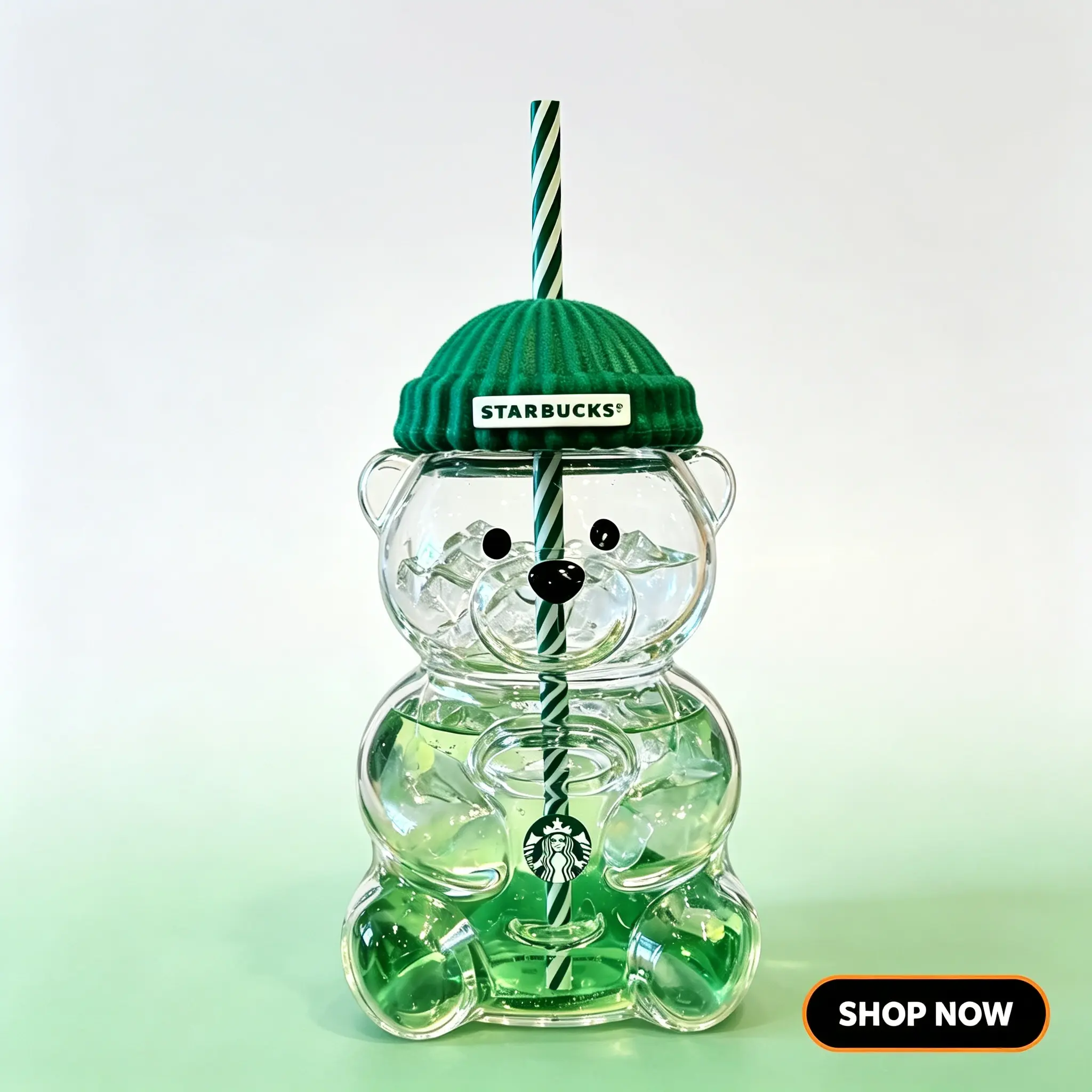 Starbucks Limited Edition 20oz Cute Bear Glass Cup with Straw, Beanie Lid Reusable Iced Coffee Glass Tumbler for Cold Drinks