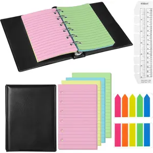 Mini 6 Ring Binder and 3 x 5 Inch Refill Paper Set,1 Black Refillable Binder,100 Lined Loose Leaf Paper, 1 Translucent Bookmark Ruler, 200 of Colorful Index Sticky Tabs for Office (Colorful)