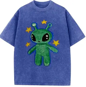 Washed men's printed T-shirt with cute alien design. Made of pure cotton, perfect for summer wear. Also suitable as a special birthday gift for women. Breathable pure cotton fabric, suitable for everyday wear and outdoor activities.