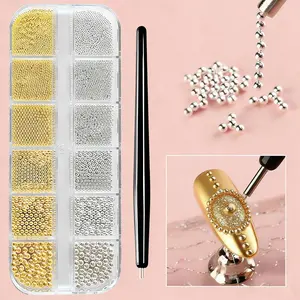 12-Grid Box Mini Caviar Metal Beads 3D Nail Art Decorations, Golden/Silvery DIY Nail Charms, Nail Design Accessories, Fashionable Nail Embellishments, High-End Premium Decorations, for Trend Enthusiasts and Nail Artists
