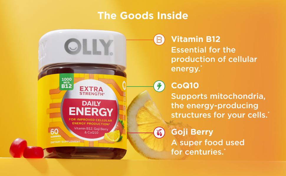 OLLY Extra Strength Daily Energy Gummy, Caffeine Free, 1000mcg Vitamin B12, CoQ10, Goji Berry, Adult Chewable Supplement, Berry Yuzu Flavor - 60 Gummies