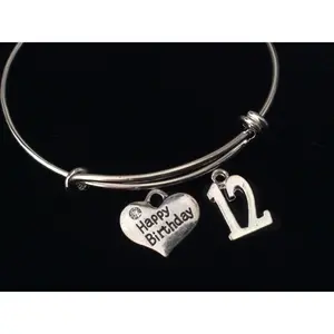Happy 12th Birthday Expandable Silver Charm Bracelet Adjustable Bangle Gift Trendy 12