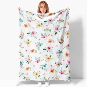 Colorful Floral Print Throw Blanket, Colorful Wildflower Flower Pattern, Soft and Cozy Flannel Blanket for Home, Bed, Sofa, Ottoman, Chair or Dorm Daisy