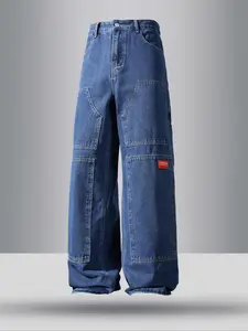 Men's Deep Blue Dark Wash Loose-Fit Denim Jeans, Menswear, Casual Street Style, Streetwear, All-Season Wear, Perfect Gift for Husband Boyfriend, Zipper Fly Design, Pocket, Pants