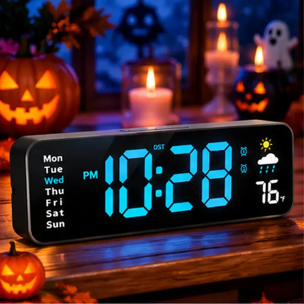 Large Digital Halloween LED Clock - USB Powered, 12/24H Display, Time, Date, Temp & Weather, Countdown Timer, Alarm Light, Bedroom Nightstand Home Decor Clock auto dst