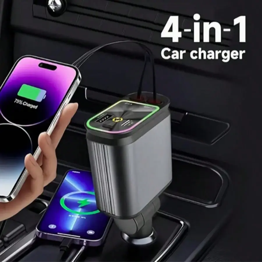 66w Four-In-One Retractable Car Charger, Fast Charging Plug, Multi-Function Cigarette Lighter Converter, Compatible with Various Smart Devices