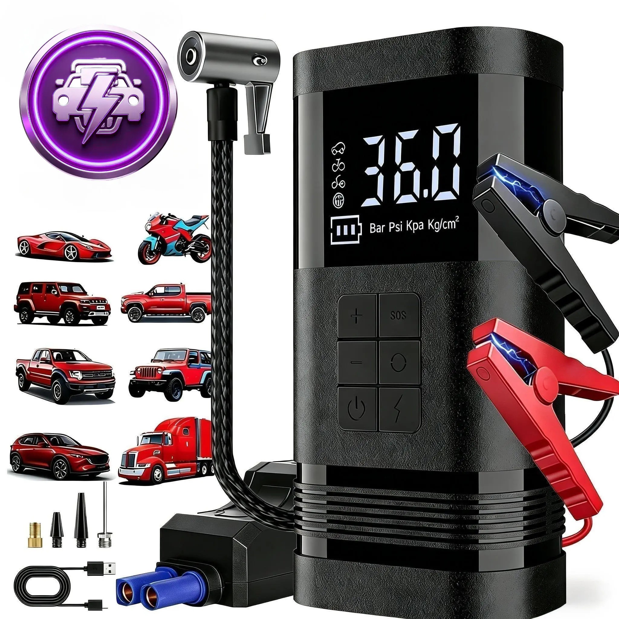Portable Car Jump Starter with Tire Inflator, Digital LCD Display, LED Emergency Light & USB Power Bank, Multiple Nozzle Attachments for Car Tires, Bikes and Sports Balls, Roadside Emergency Tool