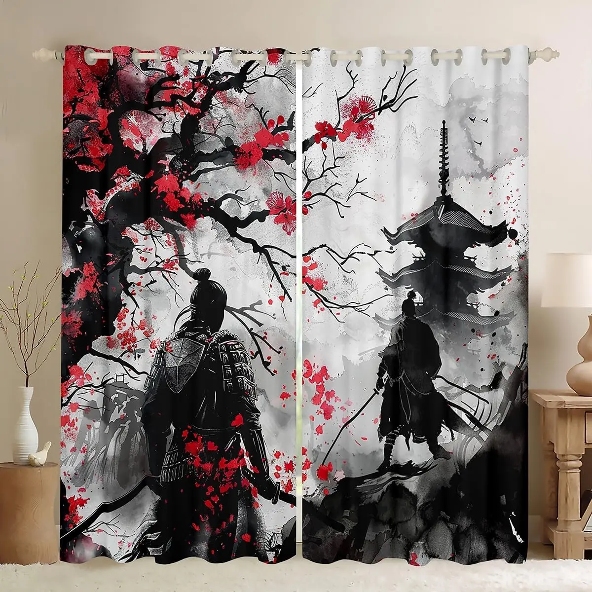 Feelyou 2-Panel Home Decorative Curtain, Traditional Japanese Samurai Ukiyoe Velvet Drapes - 52w x 96l Grommet, 30-50% Blackout Darkening, Asian Cherry Blossoms, Multi-Size, Indoor, Machine Wash for Household Window Treatment