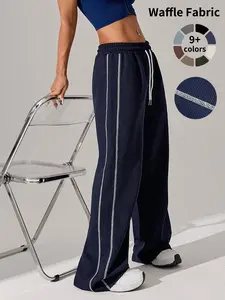 Women's Drawstring Waist Sports Joggers, Sporty Contrast Binding Wide Leg Trousers for Daily Outdoor Wear, versatile wear, Ladies Sportswear for All Seasons