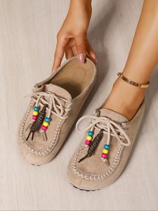 2025 new women's round-toe cork suede clog mules –boho beaded suede tassel mules – women’s vintage slip-on clogs with arch support, soft cork sole, and colorful beads – cozy fall flats for walking & home