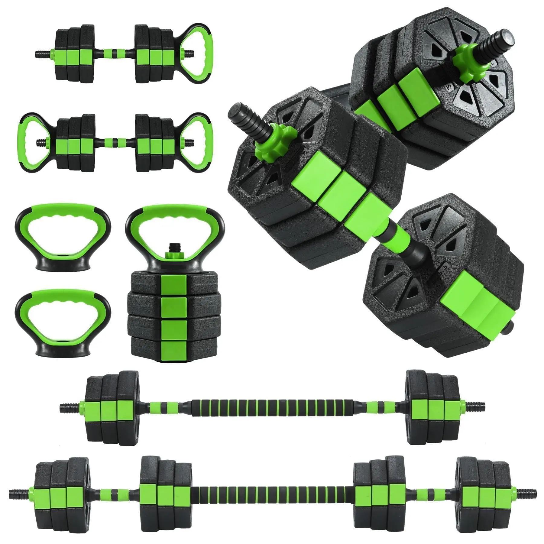 88 LBS Adjustable Dumbbell Set, 4-In-1 Weight Dumbbell Set with Connector, Octagonal Shape & Anti-Slip Handle, Converts to Kettlebells, Barbell, Push Up Stand for Home Gym Men & Women,Green
