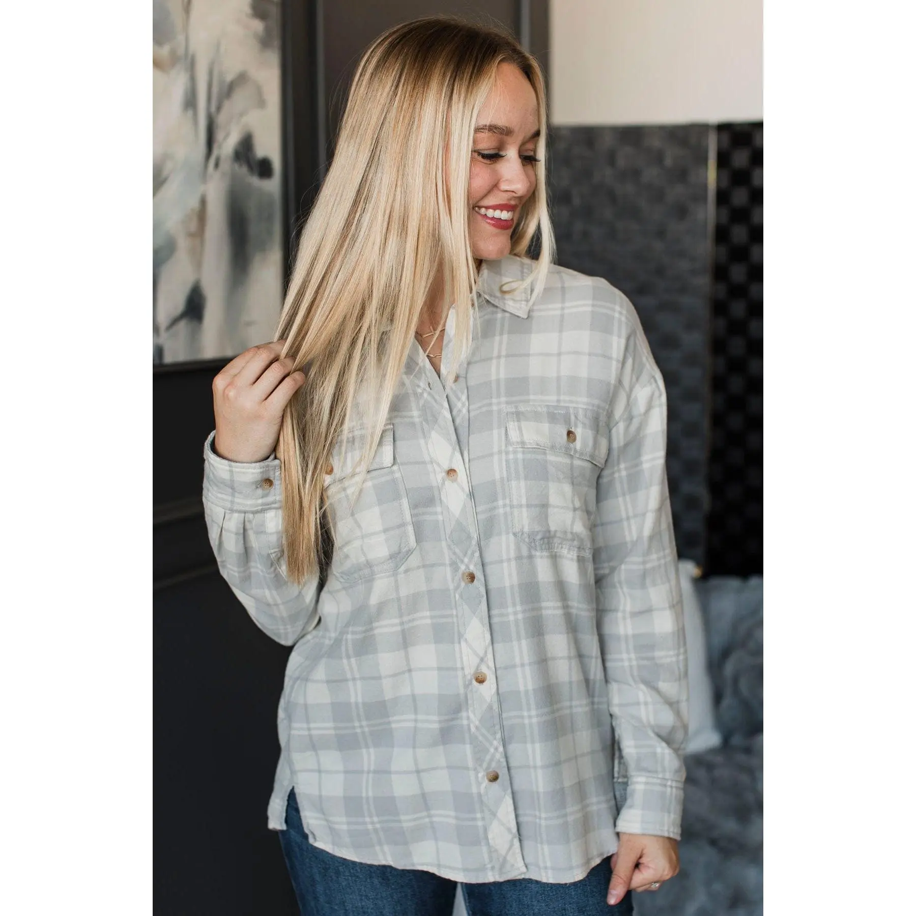 Everyday Moments Plaid Button Top- Light Grey