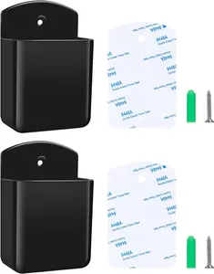 2 PCS Plastic Wall Mount Remote Control & Cellphone Holder, Self-Adhesive Compact Durable Organizer for TV/AC Remotes, Mobile Phones & Smartphone Accessories (Black), 1.3"D x 2.6"W x 3.9"H Stand with Easy Installation