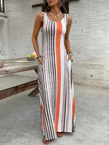 Women's Vertical Stripe Sleeveless Maxi Dress, Crew Neck, Side Seam Pockets, Full Length, Soft Drapey Breathable Knit Fabric, Casual Daily, Beach Vacation & Weekend Getaway Wear, Relaxed Casual Vacation Style, Womenswear  1 Piece
