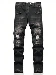 Men's Ribbed Jeans Stretch Straight Fit Denim Pants Washed Biker Distressed Destroyed Jeans 2026