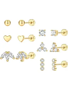 Cute 6 Pairs Golden 20G Tiny Stud Earrings Shining CZ Comfy Surgical Steel Copper Cartilage Earrings for Women Men Hypoallergenic Screw Back Flat Back Stud Earrings Cartilage Piercing Jewelry Set