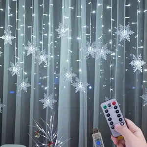 1pc 21.3ft/6.5m Snowflake LED Icicle Curtain Lights - Christmas Outdoor Lights with 8 Modes Remote & USB Powered Twinkle String Lights, Infrared Sensor for Christmas Halloween Hanukkah Valentine's New Year Wedding Party Bedroom Patio Decor