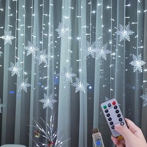 1pc 21.3ft/6.5m Snowflake LED Icicle Curtain Lights - Christmas Outdoor Lights with 8 Modes Remote & USB Powered Twinkle String Lights, Infrared Sensor for Christmas Halloween Hanukkah Valentine's New Year Wedding Party Bedroom Patio Decor