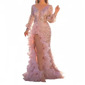 2025 Autumn New Sexy Transparent Mesh Slit Pink Evening Dress with Sparkling Women's Party Dress Prom Formal Dress Womenswear Elegant