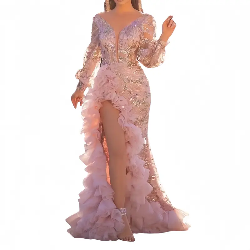 strapless open back dress LP887 Emerald Sexy Deep V Neck Long Sleeves Evening Dresses Long Forma –  Siaoryne main image 0