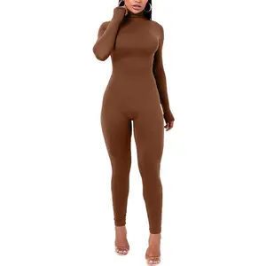 Women's Long Sleeve Turtleneck Jumpsuits Bodycon Zipper High Waist One Piece Casual Club Rompers