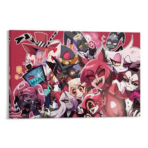 Cartoon Hazbin Hotel Canvas Poster - Animated Cast Group Portrait Animation Art Print Colorful Characters Wall Decor for Bedroom Office Dorm Canvas Poster Bedroom Decor Office Room Decor Gift dopamine  decor Frames Ornaments Artistic Decoration