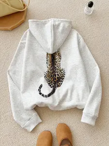 Women's Cartoon Leopard Print Drop Shoulder Hoodie, Fashion Casual Drawstring Pocket Hooded Sweatshirt for Daily Holiday Outdoor Wear, Women Clothing for Fall & Winter, Graphic Print Hoodie