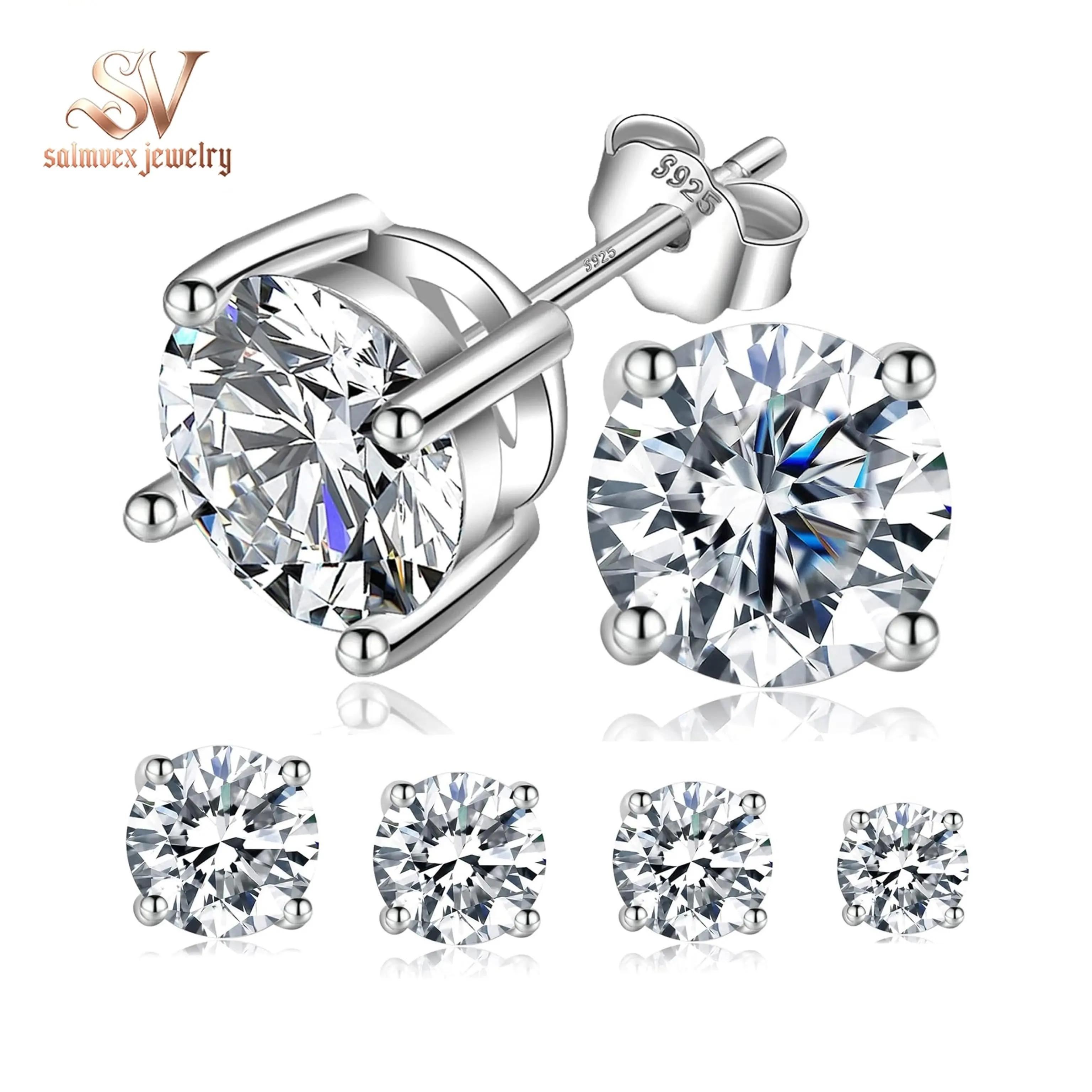 Salmvex Jewelry Four-Prong Stud Earrings Round Lab-Created Moissanite Stud Earring S925 Sterling Silver Studs Jewelry Perfect Birthday Mother's Day Christmas Gift for Men Women Wedding Set Daily Anniversary Engagement Gift