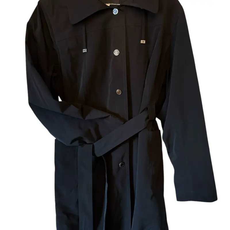 London Fog Belted Trench Coat - Classic Navy Blue Button-Up Design with Belt Feature Womenswear Vintage Outerwear Water Proof Jacket Fabrics