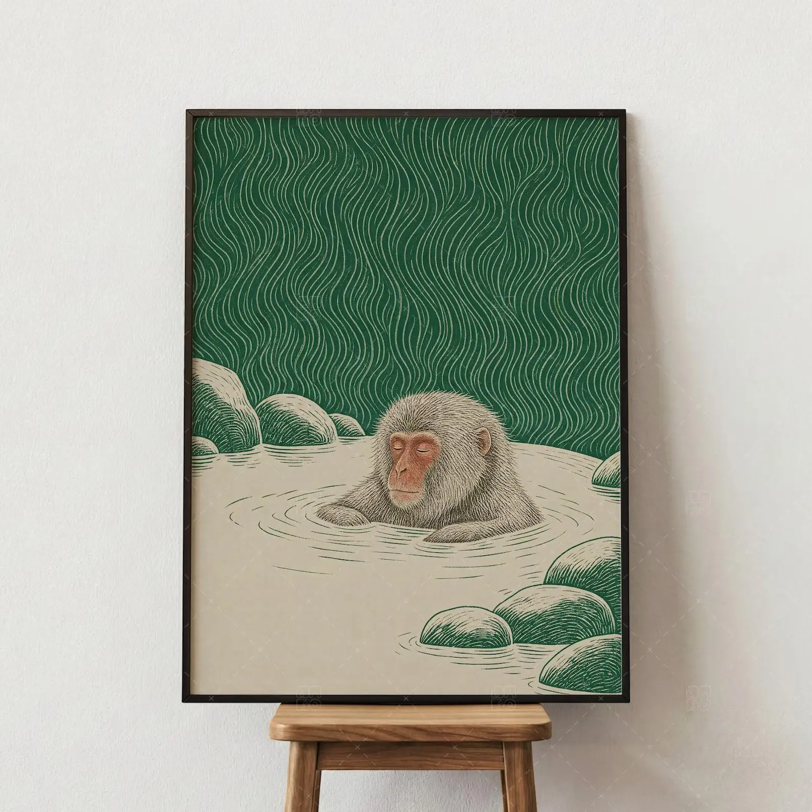 Japanese Snow Monkey Onsen Print, Vintage Woodblock Style Wall Art, Green Macaque Hot Spring Poster, Zen Japandi Home Decor (Unframed)