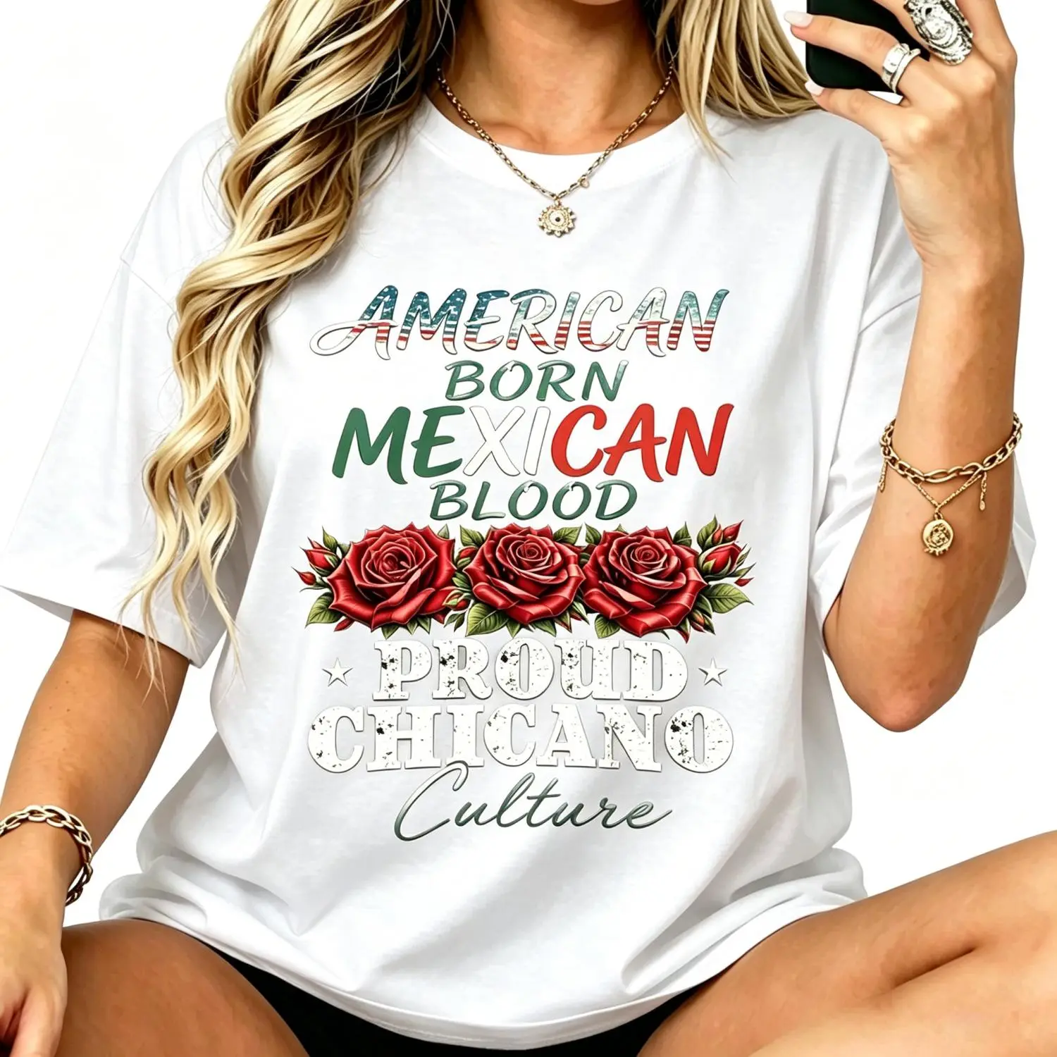 Women Cotton T-shirt Featuring American Born Mexican Blood Proud Chicano Culture Mexican Flag Rose Graphic Design Patriotic Oversized Shirt Ideal for Mexican American Pride Gift