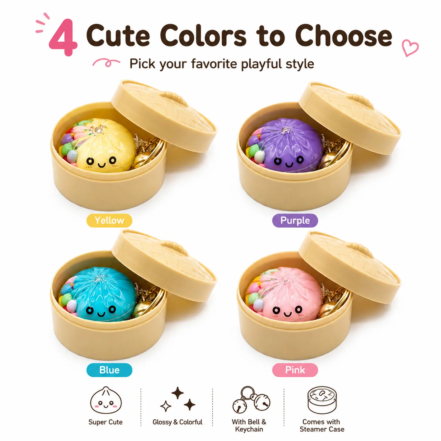 Quicksand Glitter Dumpling Keychain, Kawaii Steamed Bun Food Charm Pendant for Backpack Purse, Novelty Dumpling Key Ring Gift for Girls