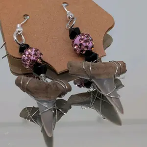 Florida Before Us Wire Wrapped Shark Tooth One of a Kind handmade shark tooth earrings with silver Star studded purple bead and black beads