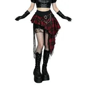 Goth A Line Mini Skirt for Women - Hi Low Plaid, Flowy Red High Waist Buckle Ruffle Rave Punk for Club Casual
