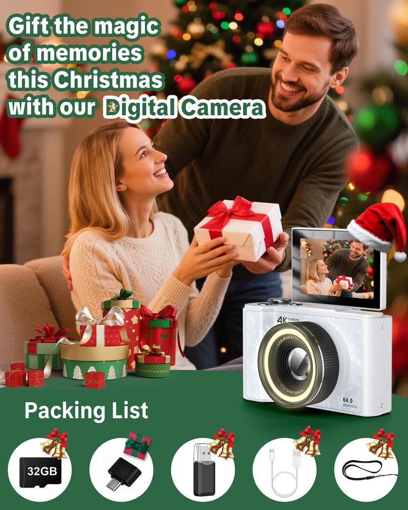 4K Digital Camera for Photography, Auto-Focus 64MP Vlogging Camera for Beginner with 2.4 inch 180° Flip Screen, 18X Digital Zoom Point and Shoot Camera with 32GB Micro SD Card, Perfect Gifts for Halloween and Thanksgiving