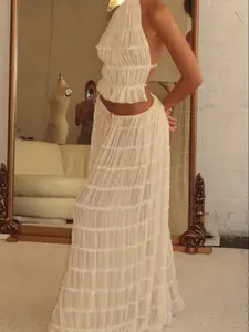 Vacation Style Sexy Backless Halter Floral Lace Fitted Top Long Skirt Set, Trendy Summer for Women, Perfect for Beach and Parties
