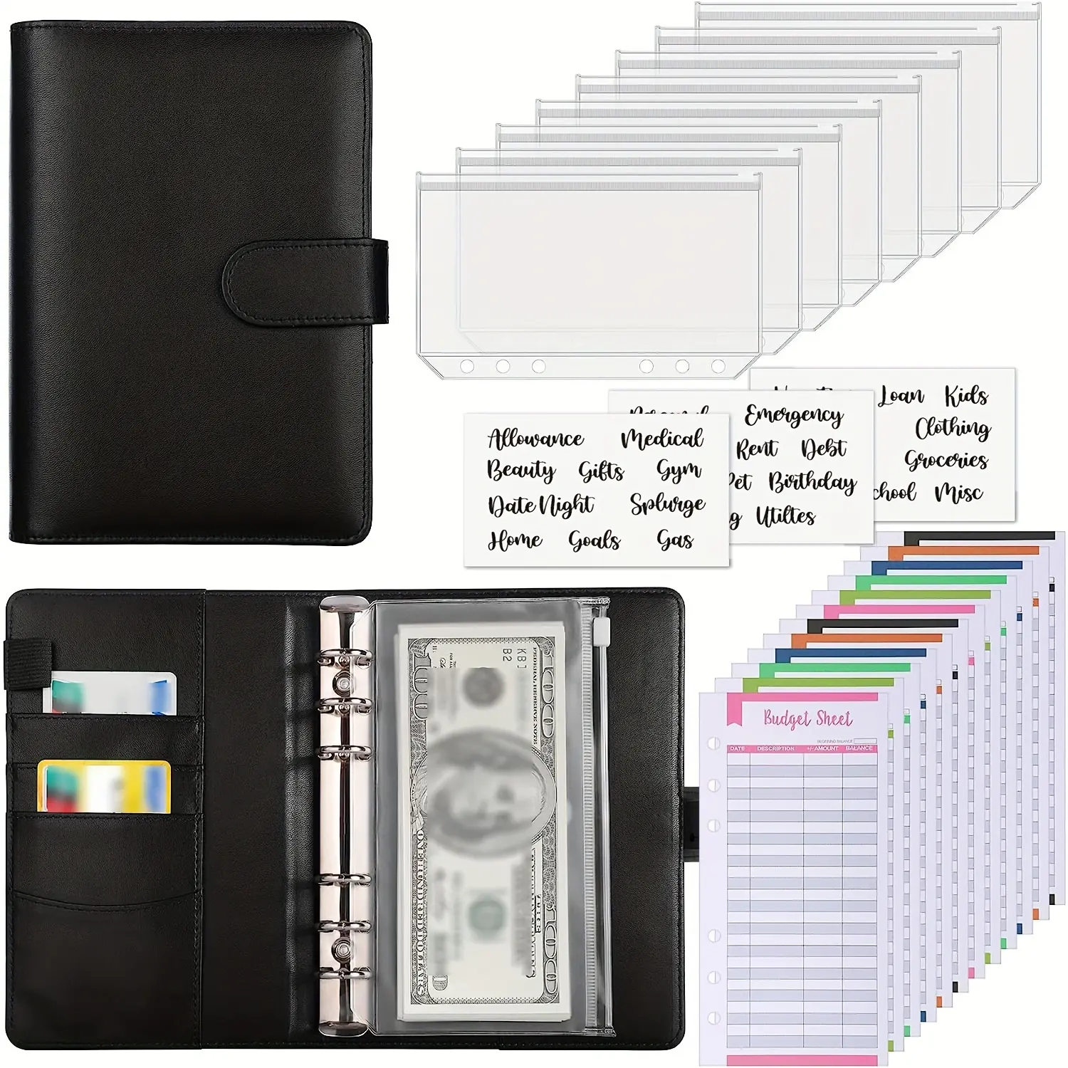 6-Color faux leather A6 budget planning binder, zipped cash envelope and expense budget sheet, money saving budget book, cash filling organizer for budgeting, Financial Planner, Monthly Budget Planner, Finance Checklist Organizer