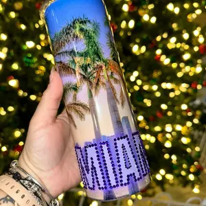 Miami 20oz Tumbler with Purple Rhinestones Reusable Straw & Lid Sparkling Miami Spirit Drinkware for Sun Sand & Water Enthusiasts